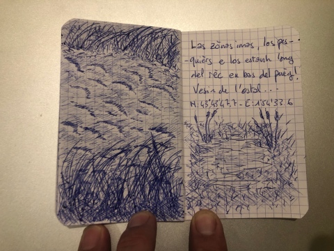 Dessins au stylo de Philippe Pitet dans un carnet "Aiga - la cartographie sensible de l'eau" - Jammalet, Tarn - 2012